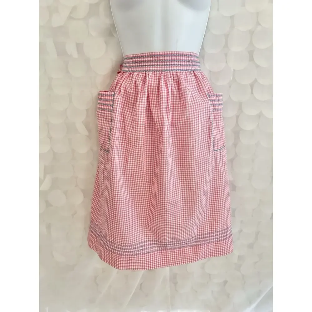 VTG 40’s Pink Gingham Half Apron Hand Made Farmhouse Cottagecore Prop Decor